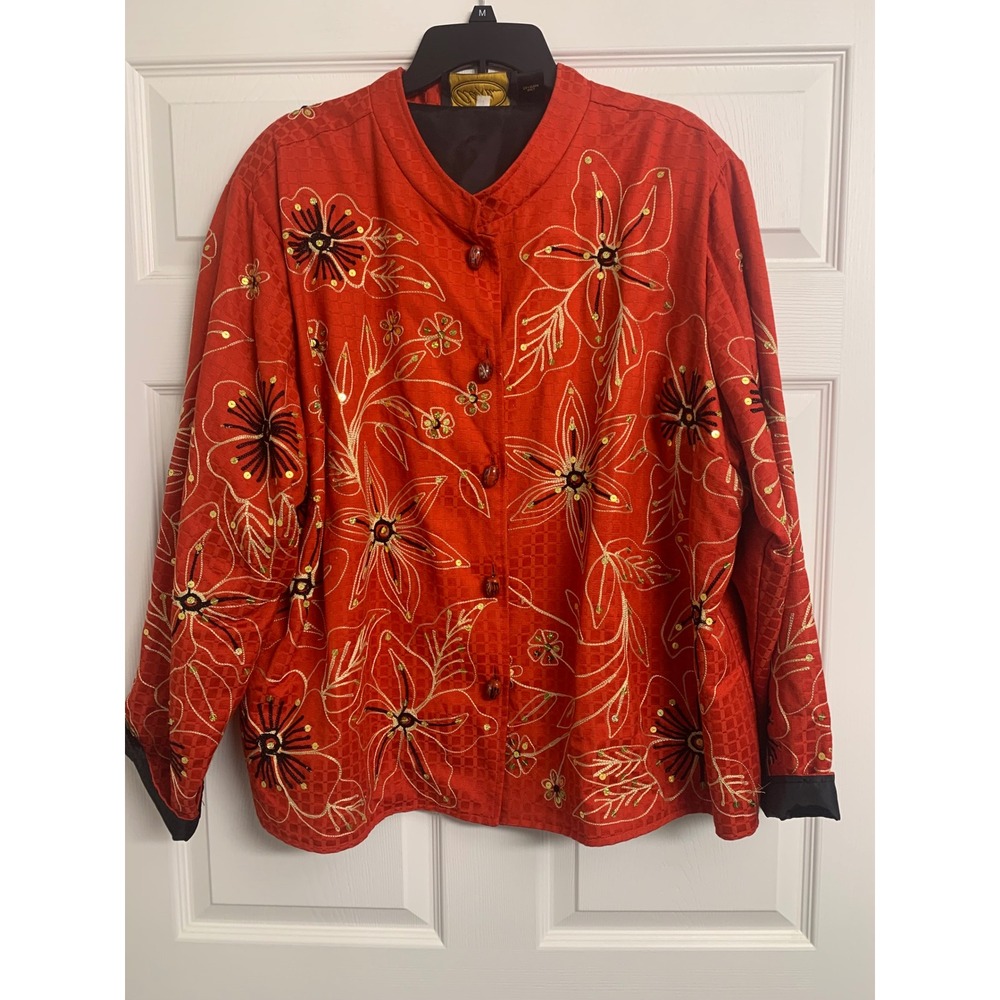 Alex Kim Red Floral Embroidered Sequin Jacket Mandarin Collar Plus Size 3X